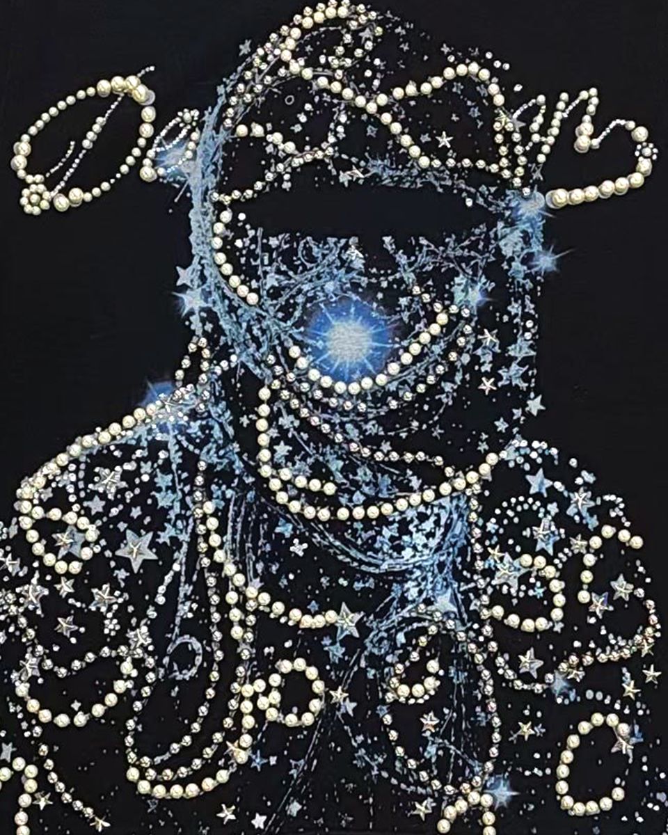 GLITTER JERSEY FABRIC W/ CLEAR GEL, PUFF, EMBROIDERY, RHINESTONES