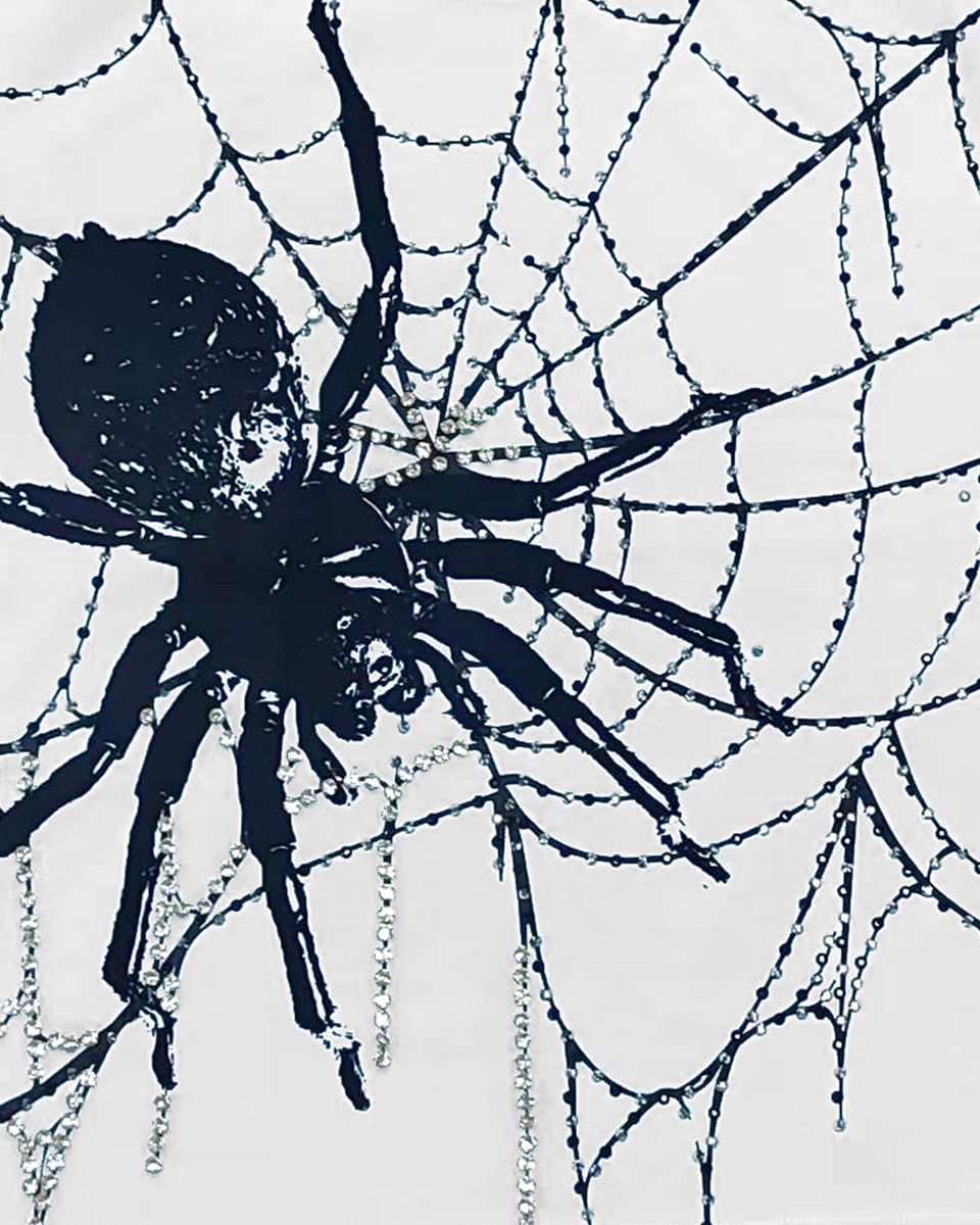 CROPPED 3/4 SLEEVE JERSEY FLOCK, CAVIAR, RHINESTONE WEBS, JEWELS (PR-KT-452) WHITE