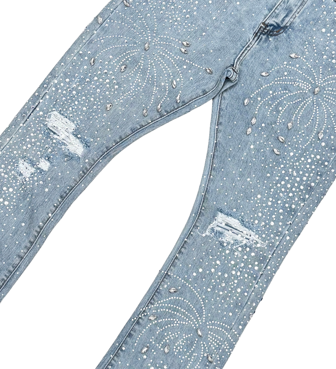 EMBELLISHED RHINESTONE FLARED DENIM - GREY