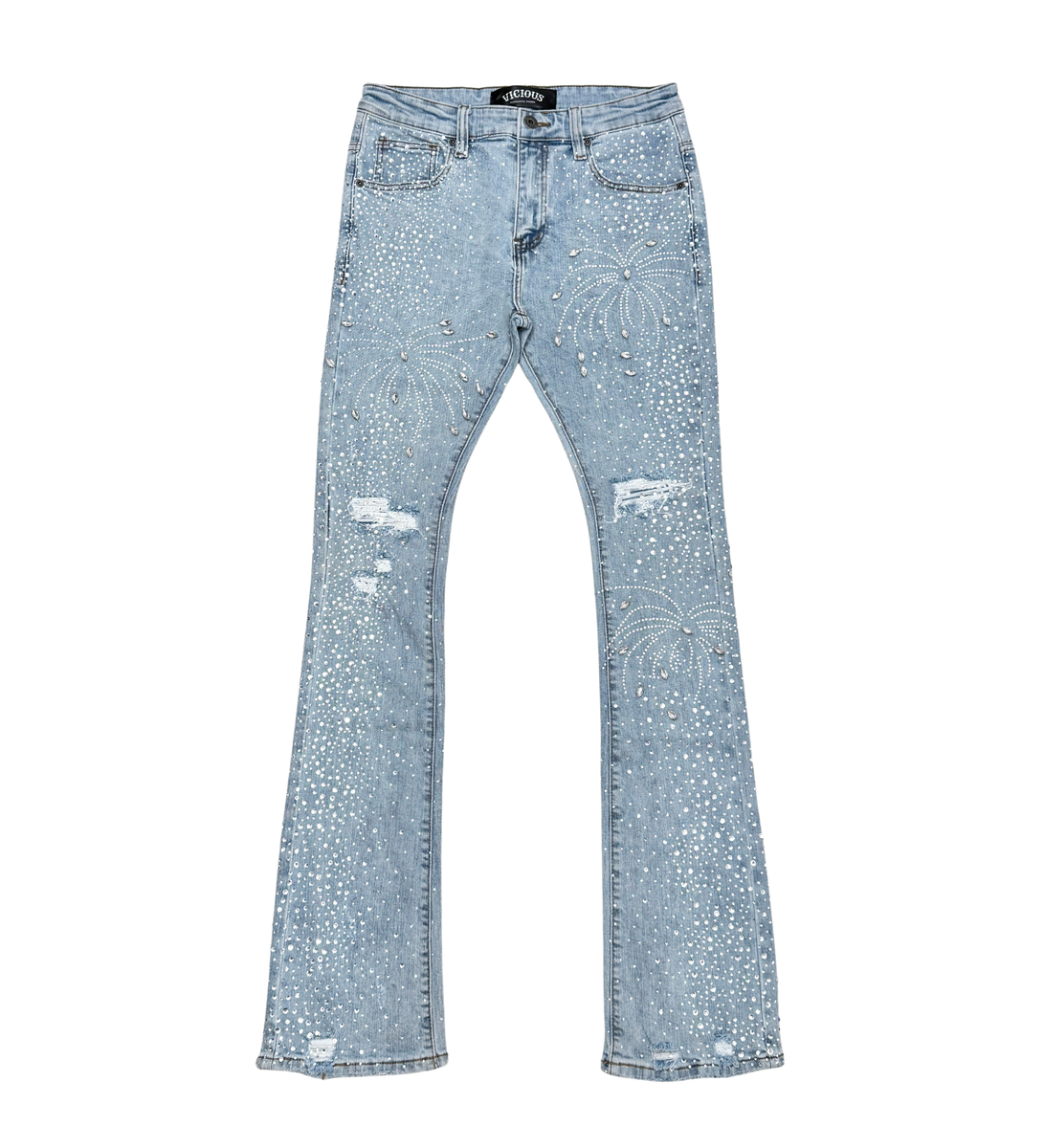 EMBELLISHED RHINESTONE FLARED DENIM - GREY