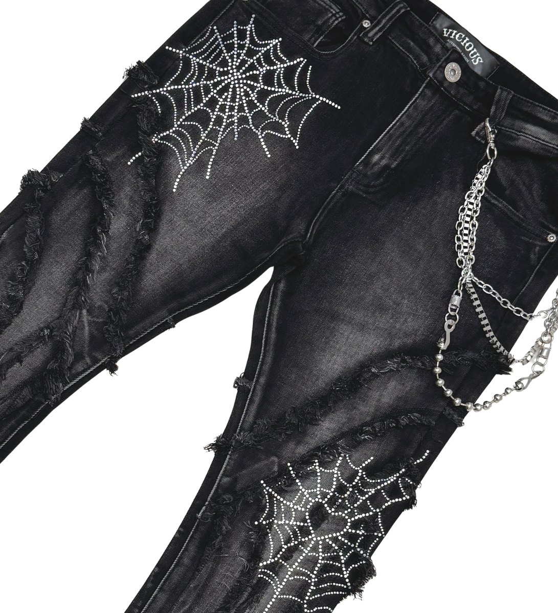 STACK DENIM W/ STUDDED SPIDER WEBS (VC690R BLACK)