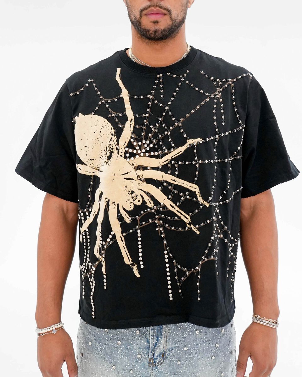 CROPPED 3/4 SLEEVE JERSEY FLOCK, CAVIAR, RHINESTONE WEBS, JEWELS (PR-KT-452)