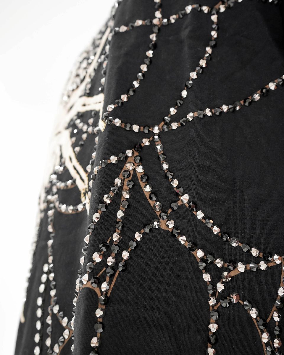 CROPPED 3/4 SLEEVE JERSEY FLOCK, CAVIAR, RHINESTONE WEBS, JEWELS (PR-KT-452)