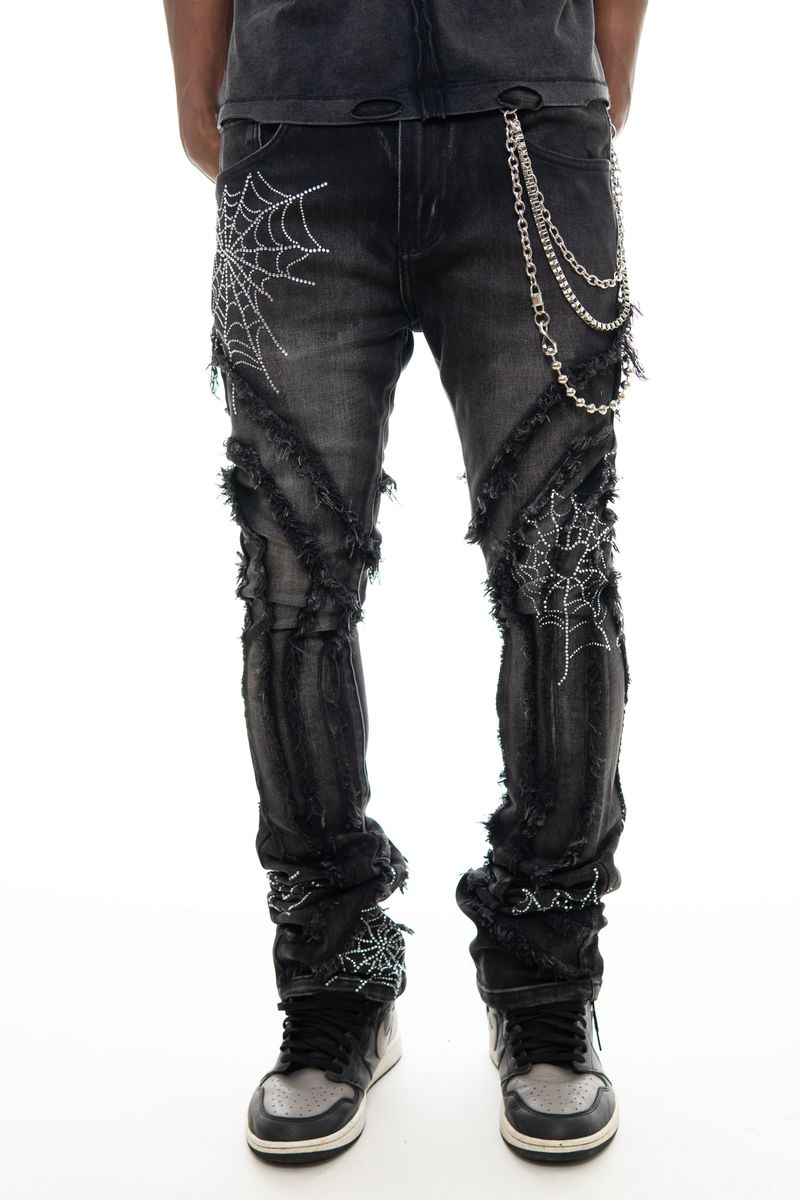 STACK DENIM W/ STUDDED SPIDER WEBS (VC690R BLACK)