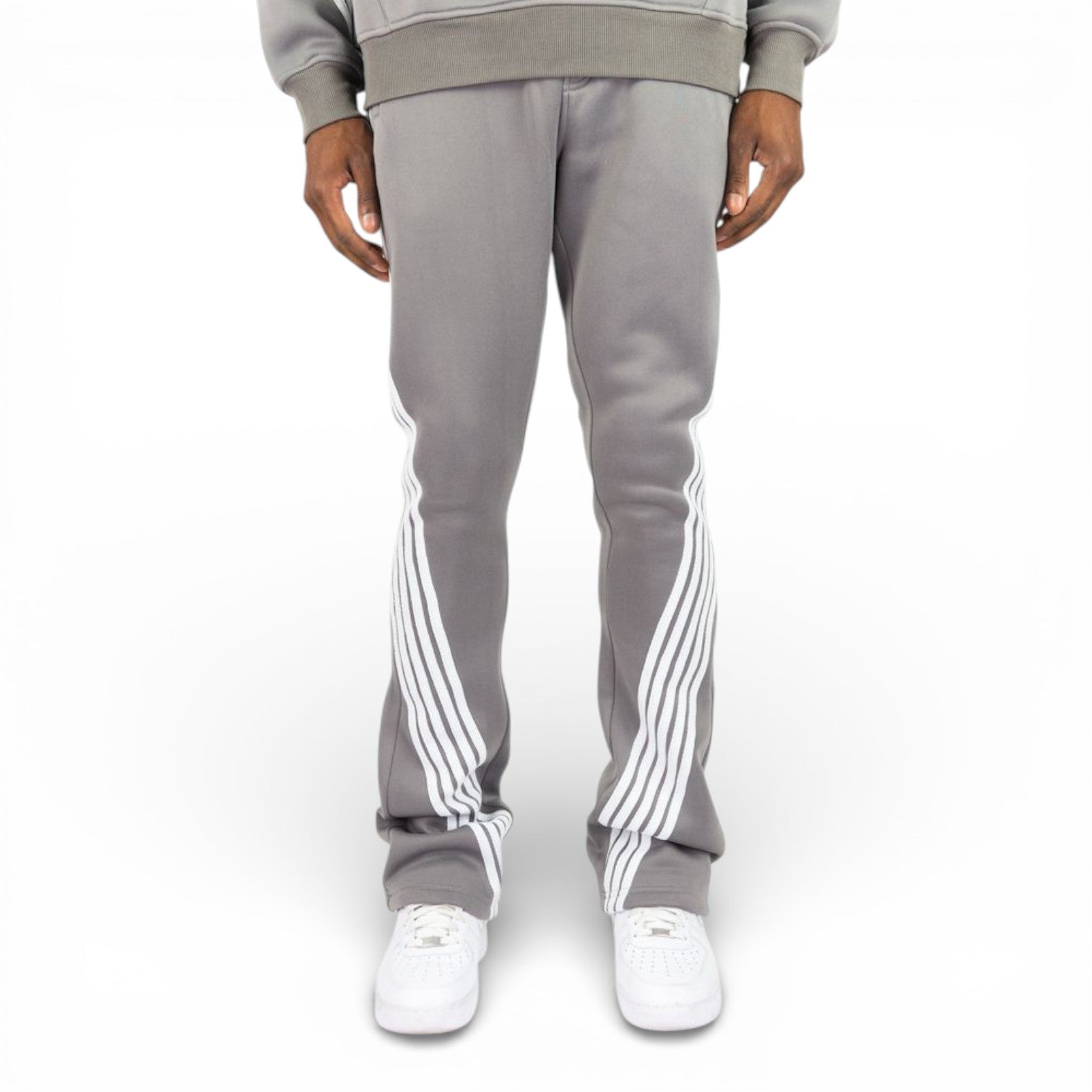FLEECE BENT STRIPE PANTS-GREY & WHITE