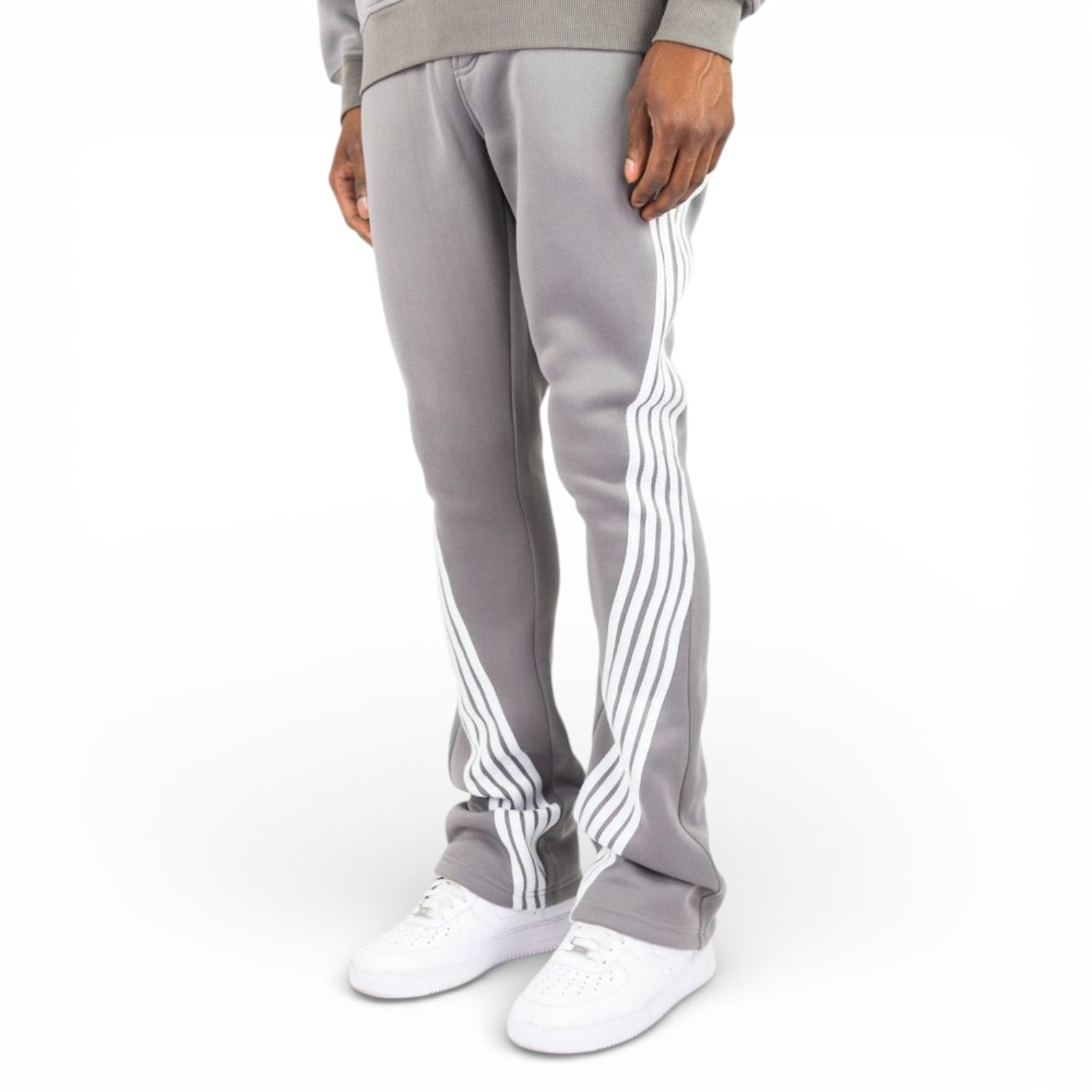 FLEECE BENT STRIPE PANTS-GREY & WHITE