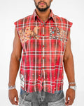 FRAYED MUSCLE YARN DYE PLAID SHIRT WITH APPLIQUE AND COLOR RHINESTONES
