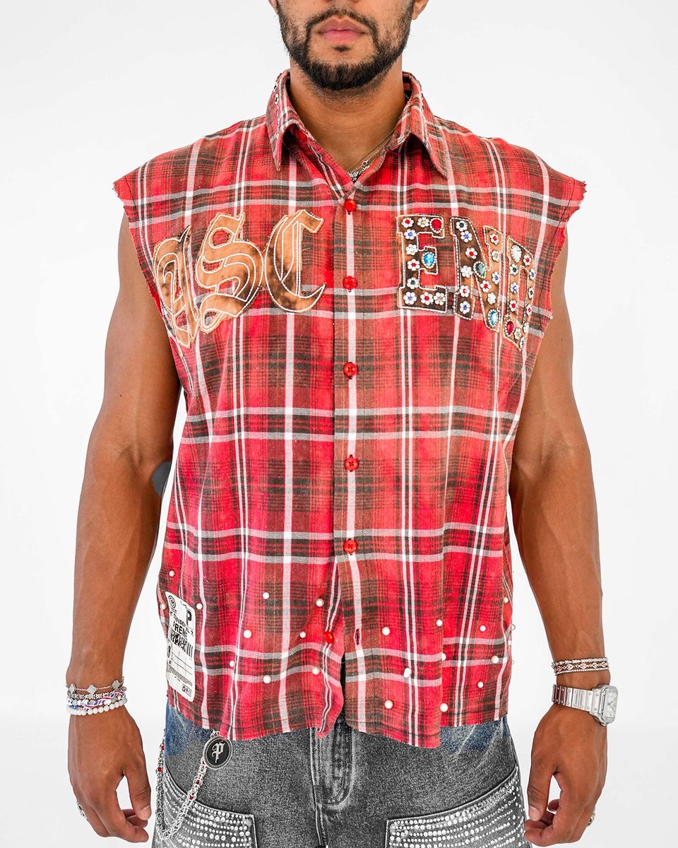 FRAYED MUSCLE YARN DYE PLAID SHIRT WITH APPLIQUE AND COLOR RHINESTONES