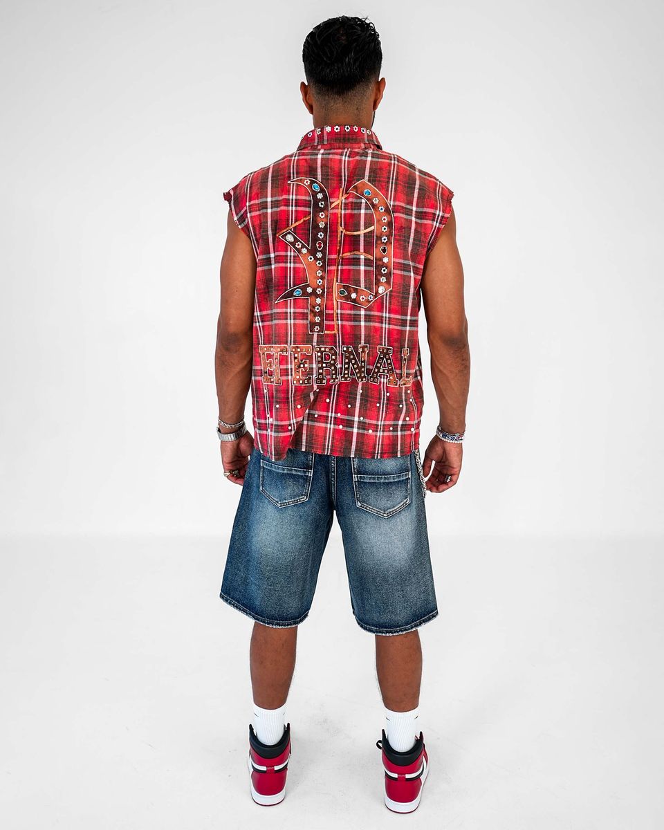 FRAYED MUSCLE YARN DYE PLAID SHIRT WITH APPLIQUE AND COLOR RHINESTONES