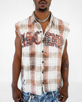FRAYED MUSCLE YARN DYE PLAID SHIRT WITH APPLIQUE AND COLOR RHINESTONES
