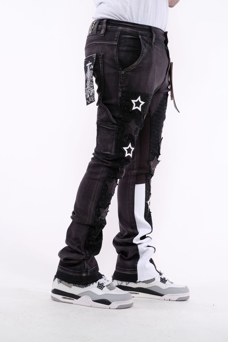 FLARE DENIM W/ STAR & RHINESTONE DETAILS (VC655 BLACK / WHITE)