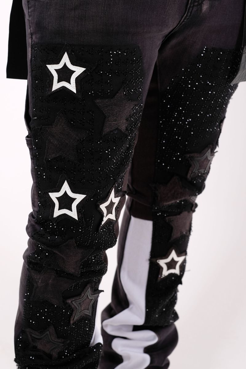 FLARE DENIM W/ STAR & RHINESTONE DETAILS (VC655 BLACK / WHITE)