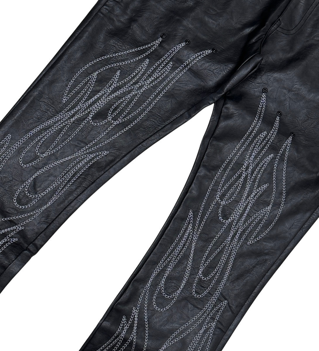 VEGEAN LEATHER FLAME FLARED DENIM (VC838 BLACK)