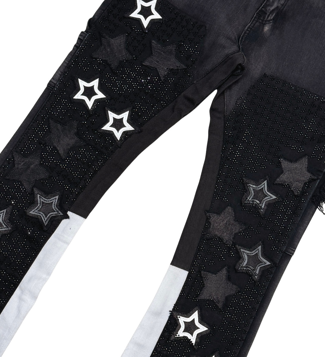 FLARE DENIM W/ STAR & RHINESTONE DETAILS (VC655 BLACK / WHITE)