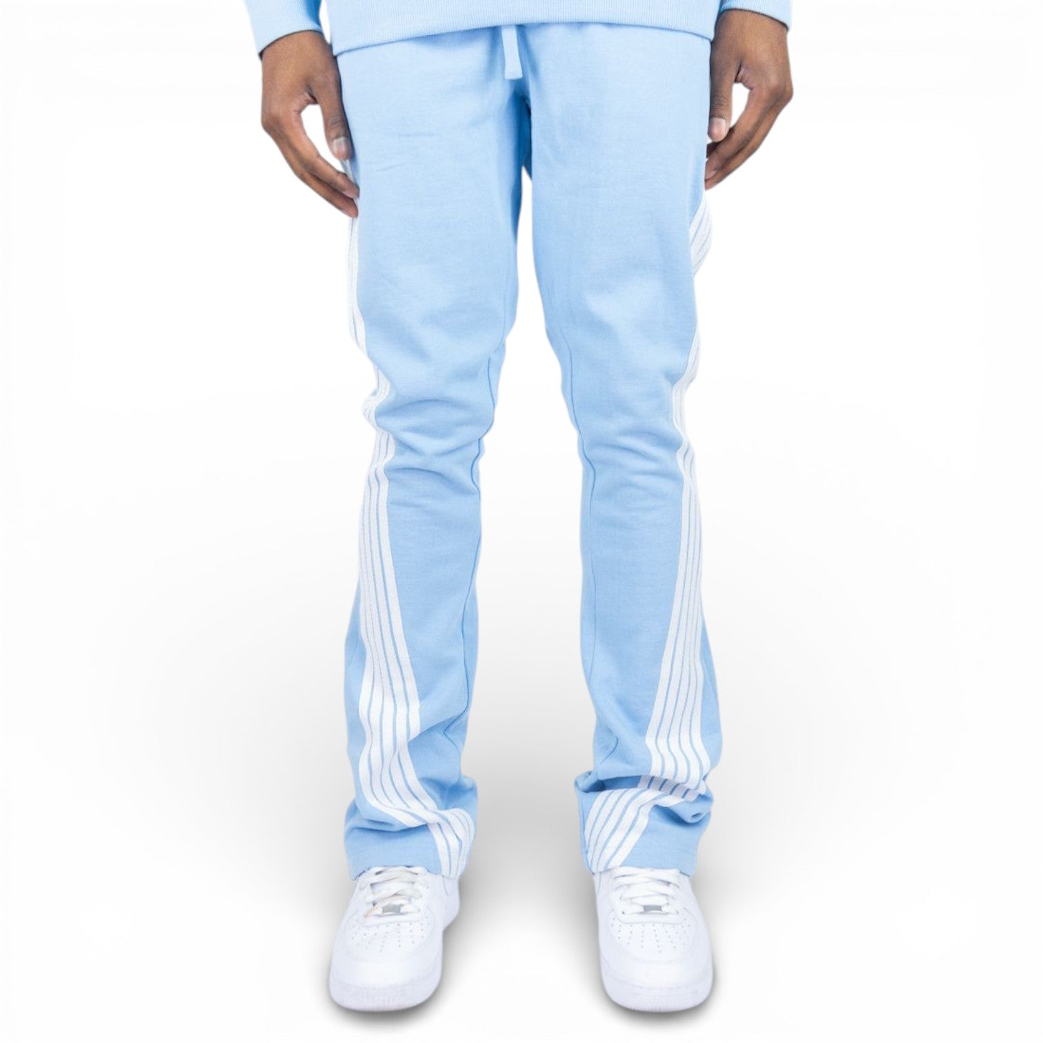 FLEECE BENT STRIPE PANTS-LT BLUE & WHITE