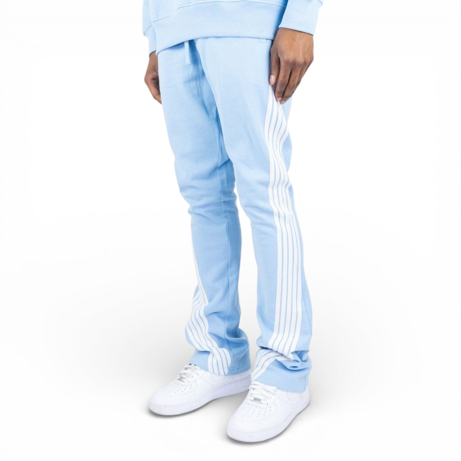 FLEECE BENT STRIPE PANTS-LT BLUE & WHITE