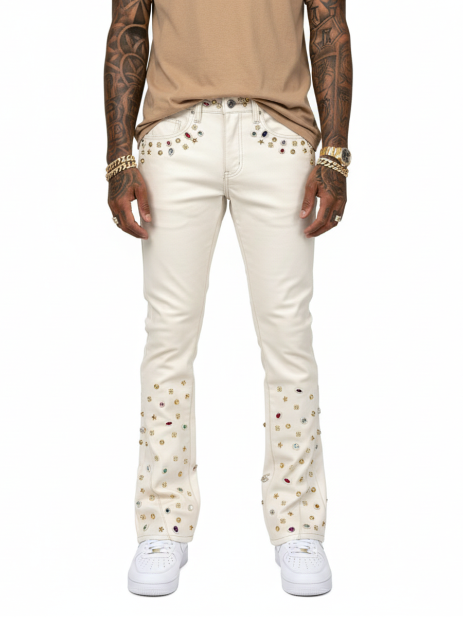 PREMIUM IVERY VEGEAN EMBELLISHED RHINESTONE STAR FLARE DENIM (Copy)