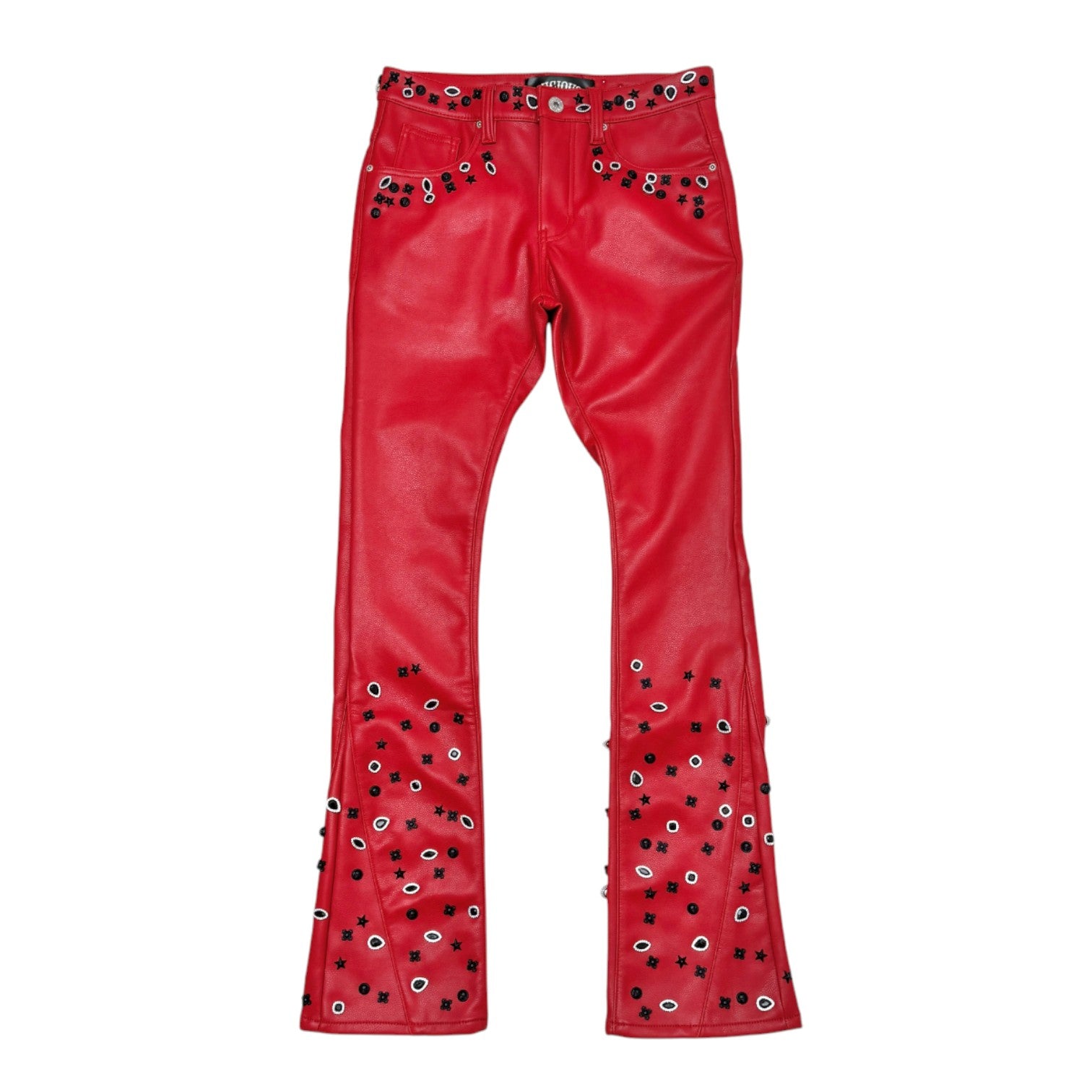 PREMIUM RED VEGEAN EMBELLISHED RHINESTONE STAR FLARE DENIM