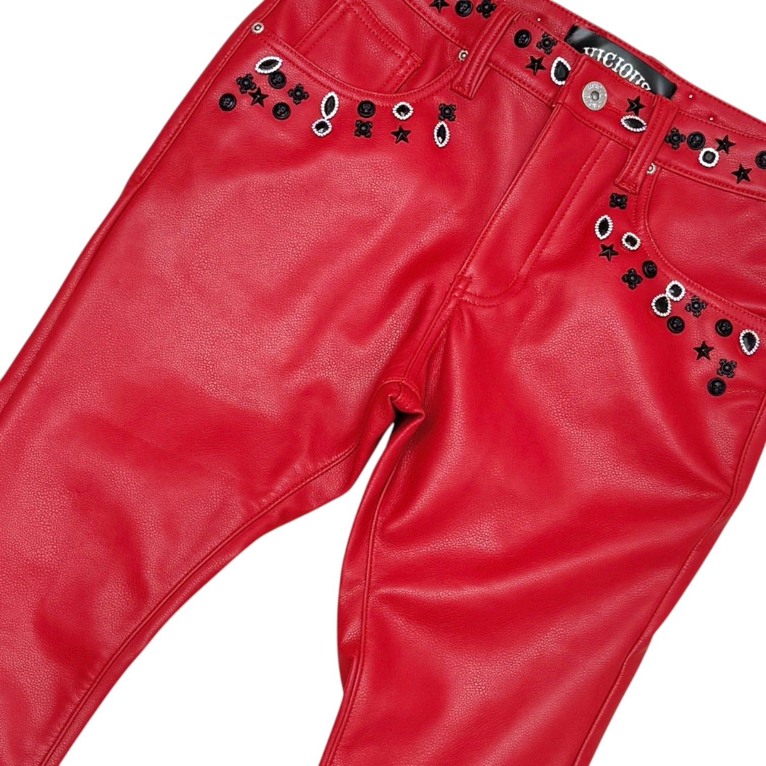 PREMIUM RED VEGEAN EMBELLISHED RHINESTONE STAR FLARE DENIM