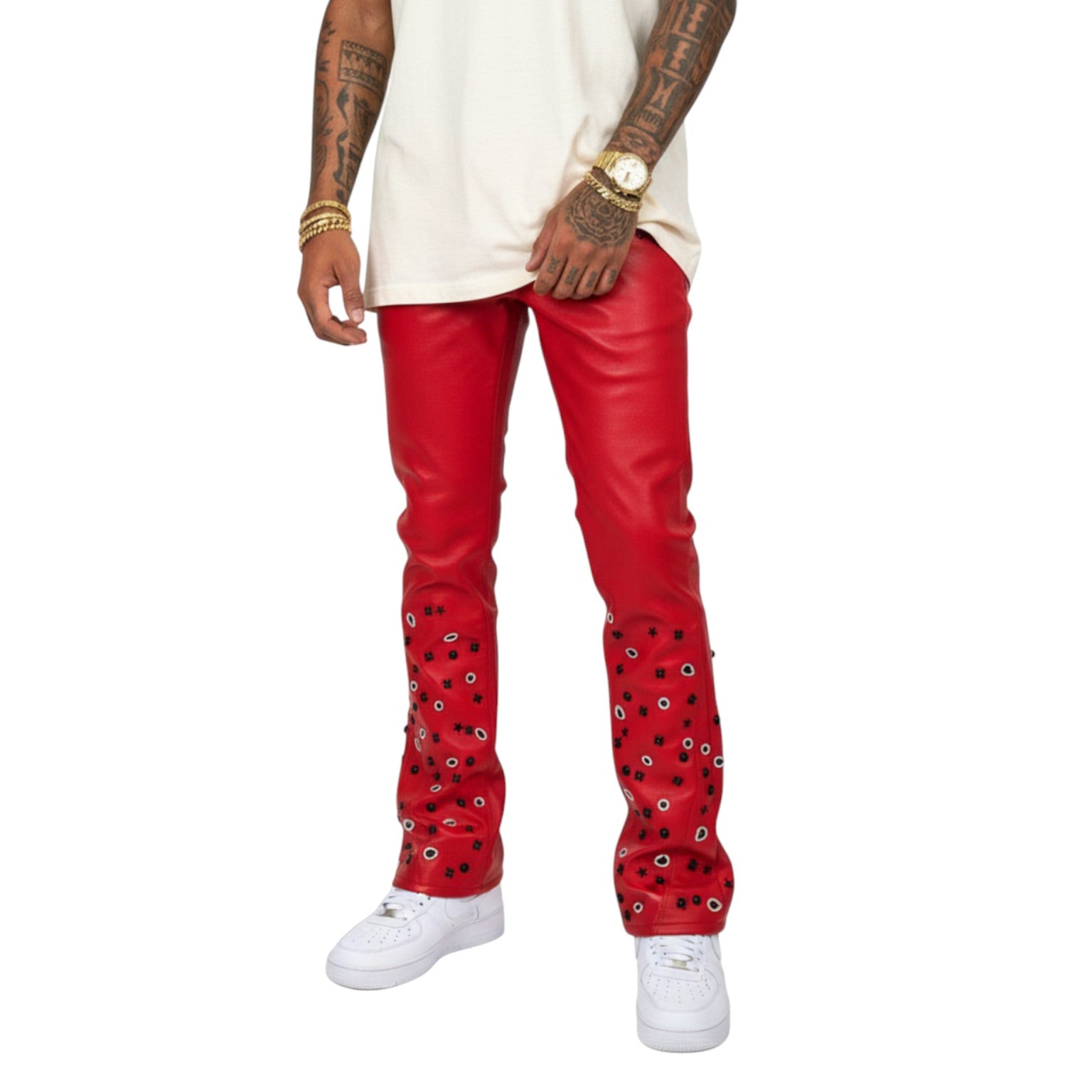 PREMIUM RED VEGEAN EMBELLISHED RHINESTONE STAR FLARE DENIM