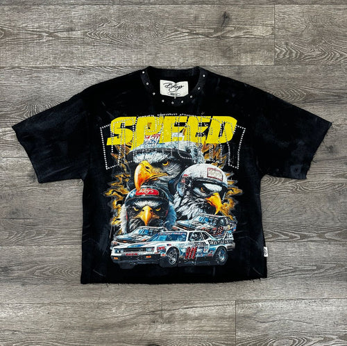 "SPEED" F-TERRY CROPPED T-SHIRT-BLACK
