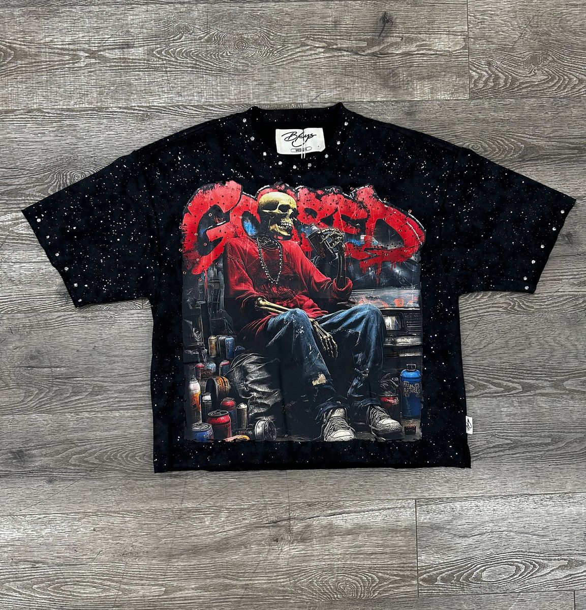 "GASSED" F-TERRY CROPPED T-SHIRT - BLACK
