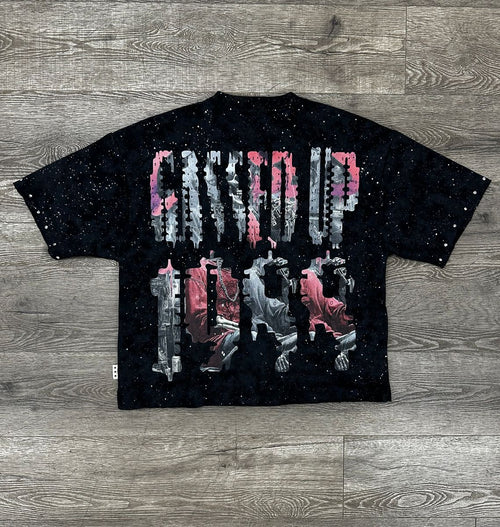"GASSED" F-TERRY CROPPED T-SHIRT - BLACK