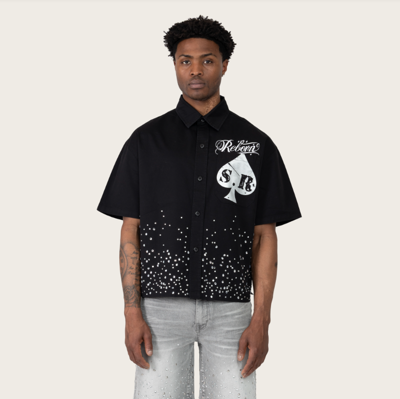 REBORN RHINESTONE SS SHIRT - BLACK