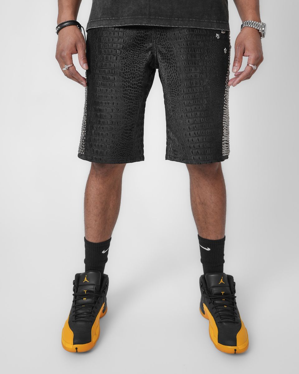 SNAKE SKIN FABRICATION BLACK DENIM JORTS