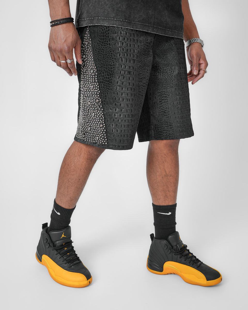 SNAKE SKIN FABRICATION BLACK DENIM JORTS