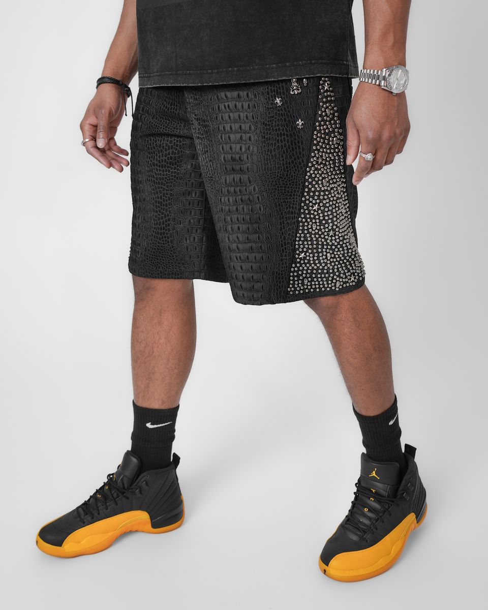 SNAKE SKIN FABRICATION BLACK DENIM JORTS