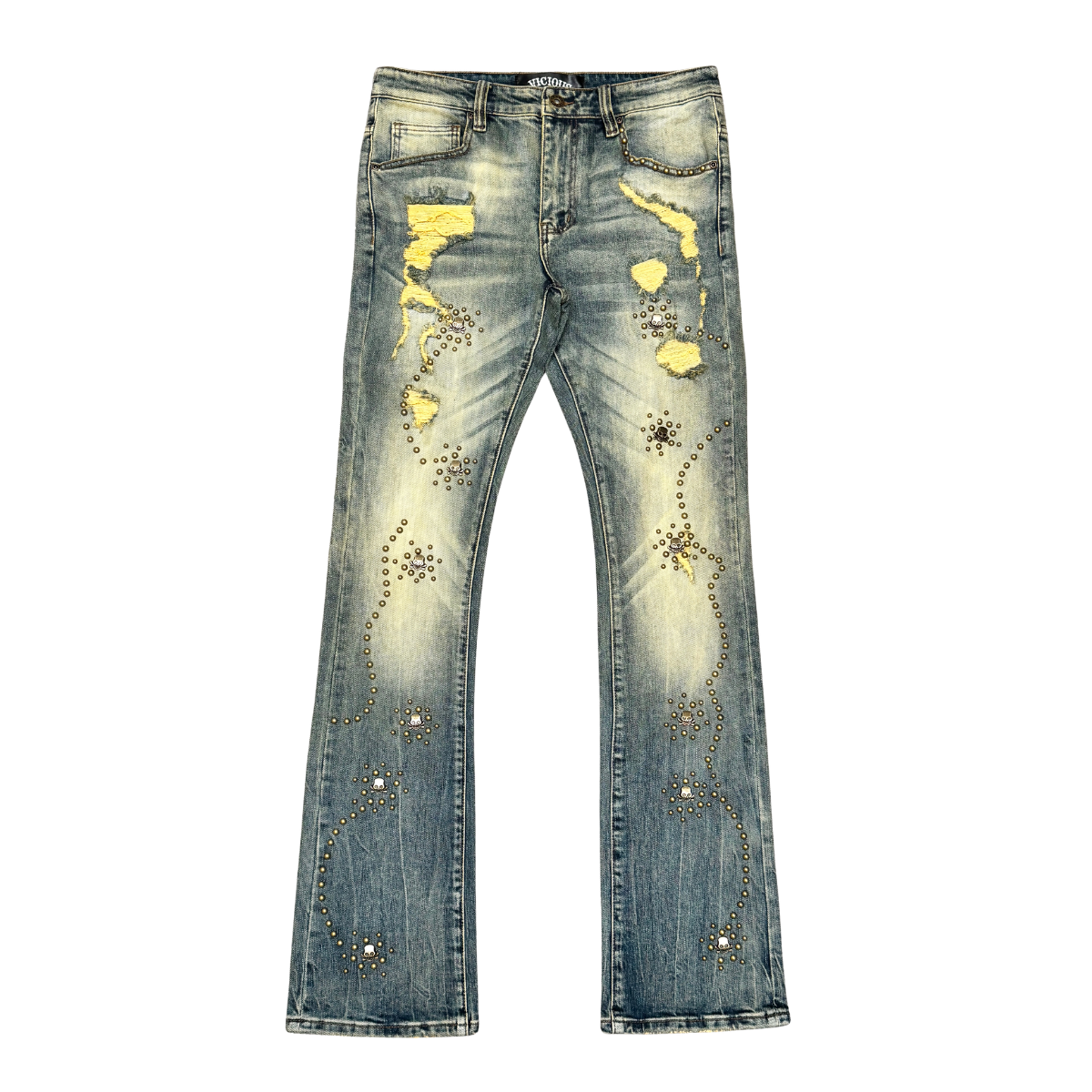 EMBELLISHED FLARE DENIM / WITH LIGHT STUDED