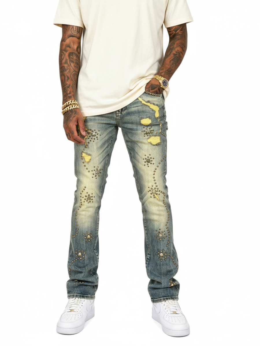 EMBELLISHED FLARE DENIM / WITH LIGHT STUDED