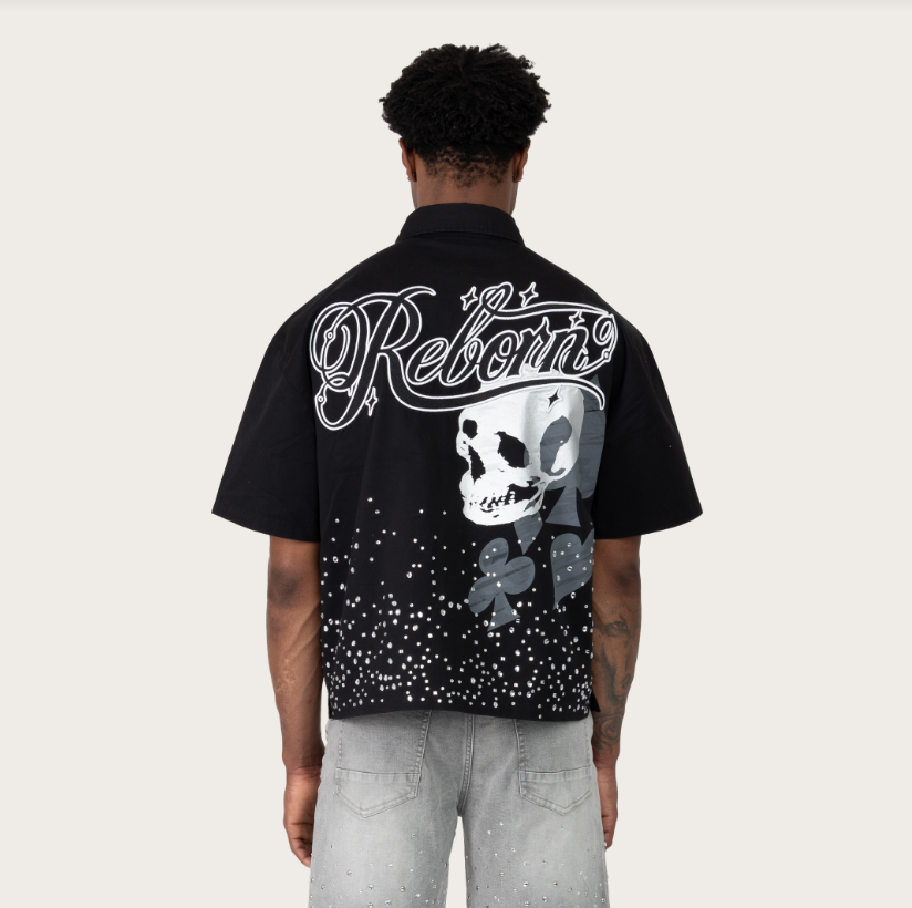 REBORN RHINESTONE SS SHIRT - BLACK