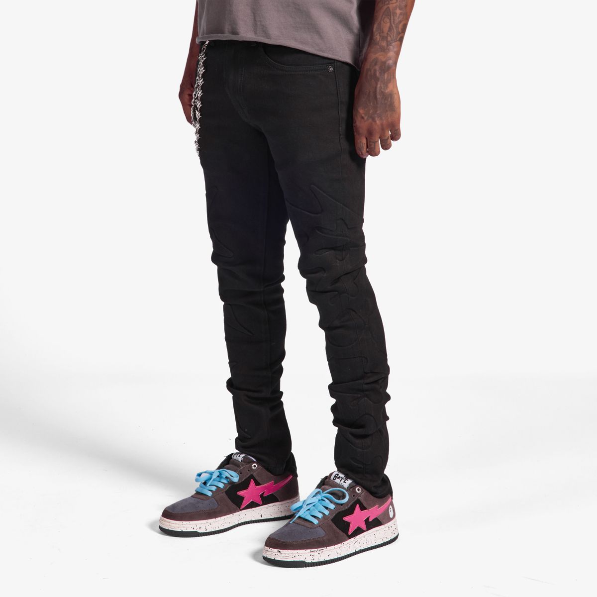 "NINJA" EMBOSSED JEANS (JET BLACK)