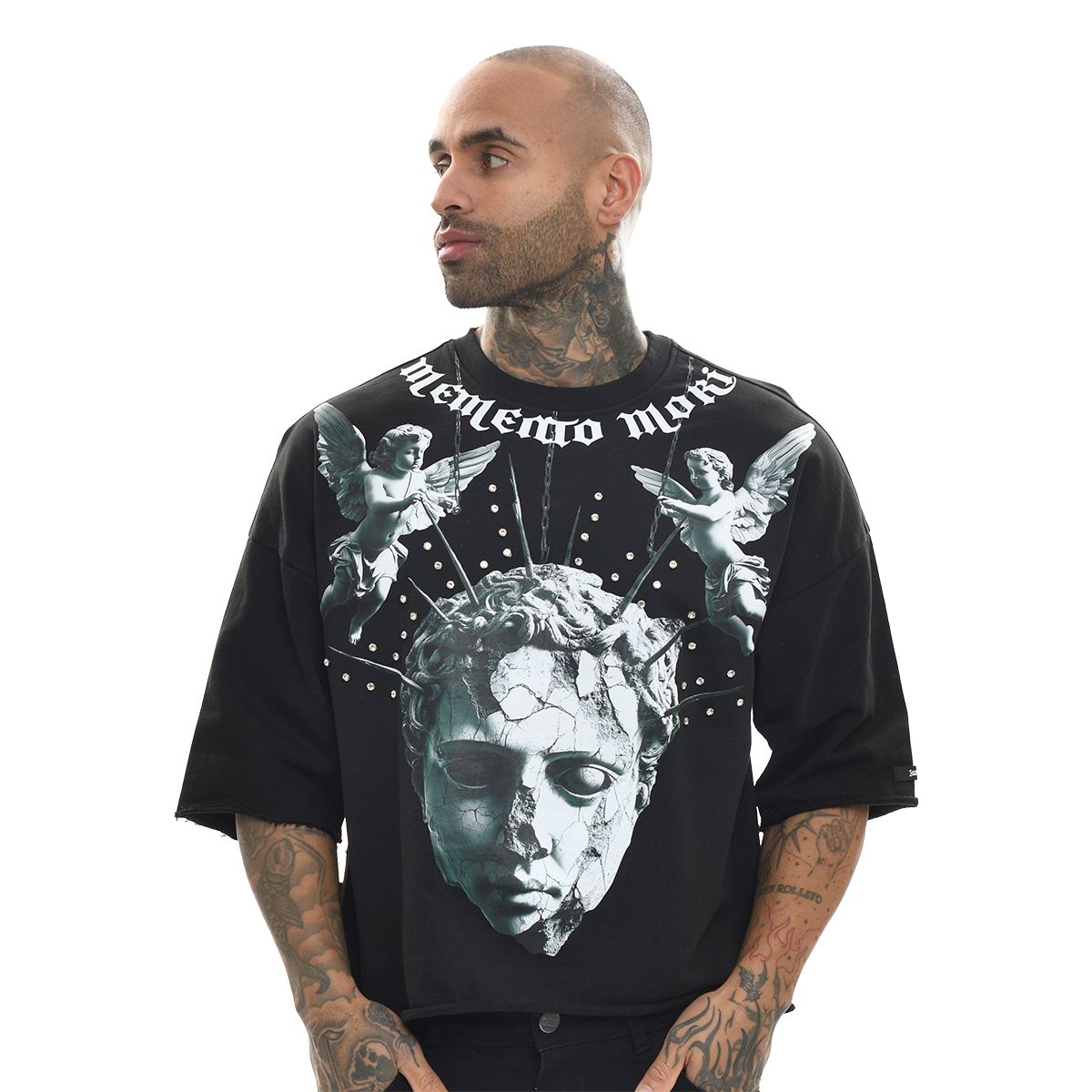 MEMENTO MORI RAW EDGE CROP TOP - BLACK