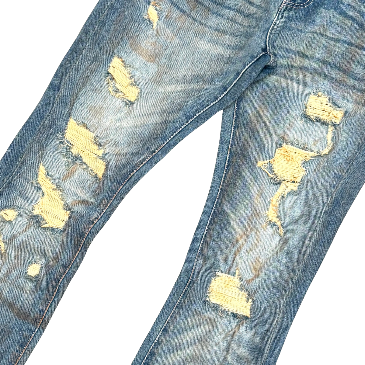 VINTAGE BLUE-RIP & REPAIR PREMIUM WASH FLARE DENIM