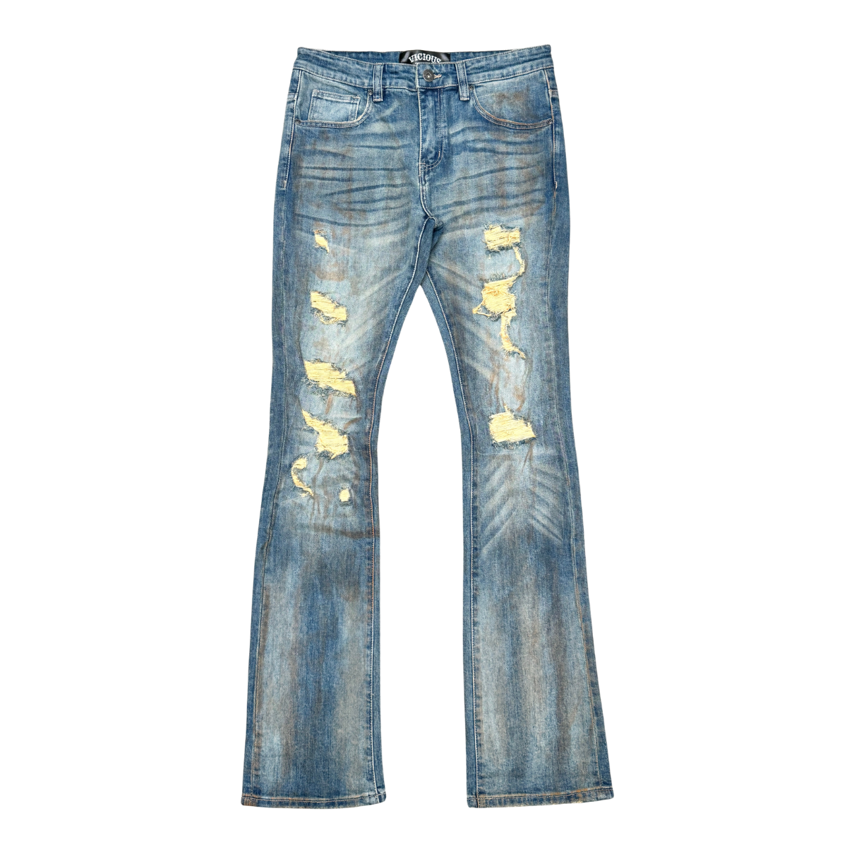 VINTAGE BLUE-RIP & REPAIR PREMIUM WASH FLARE DENIM