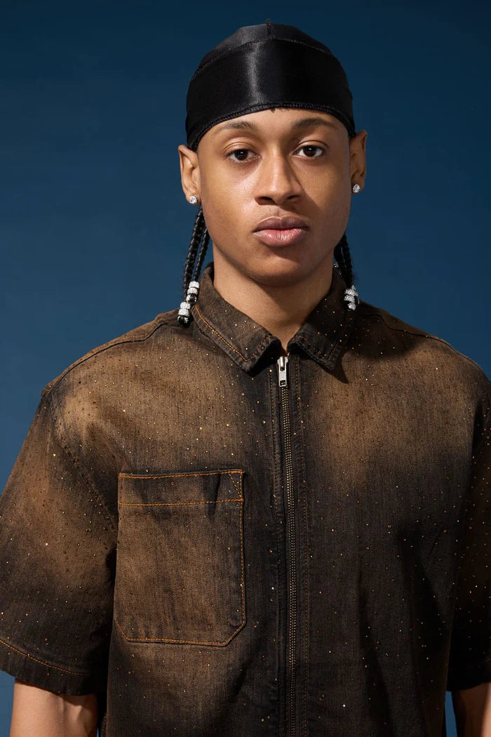 Radiant Denim Zip Up Shirt - Copper Black