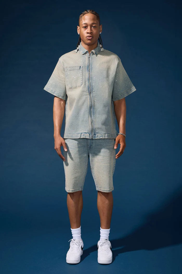 Radiant Denim Zip Up Shirt - Cream Wash