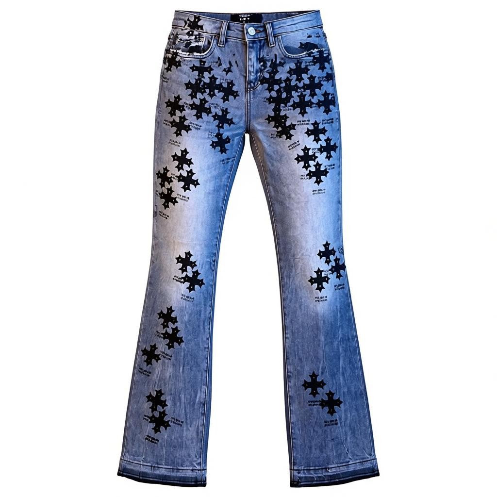 KIDS STAMPED PRINT STACKED JEANS-SMOKED GREY