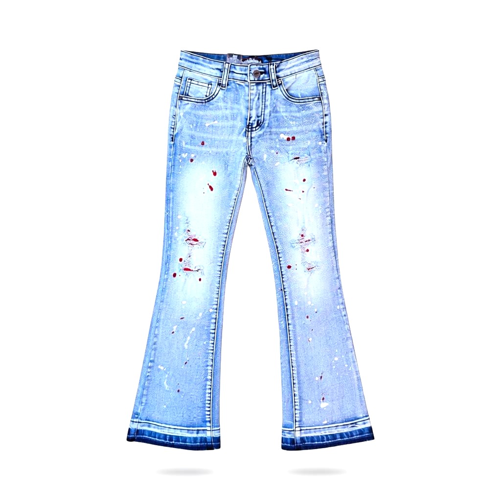 KIDS RIP N REPAIR BLEACHED LIGHT BLUE WASH WITH RED STITCH