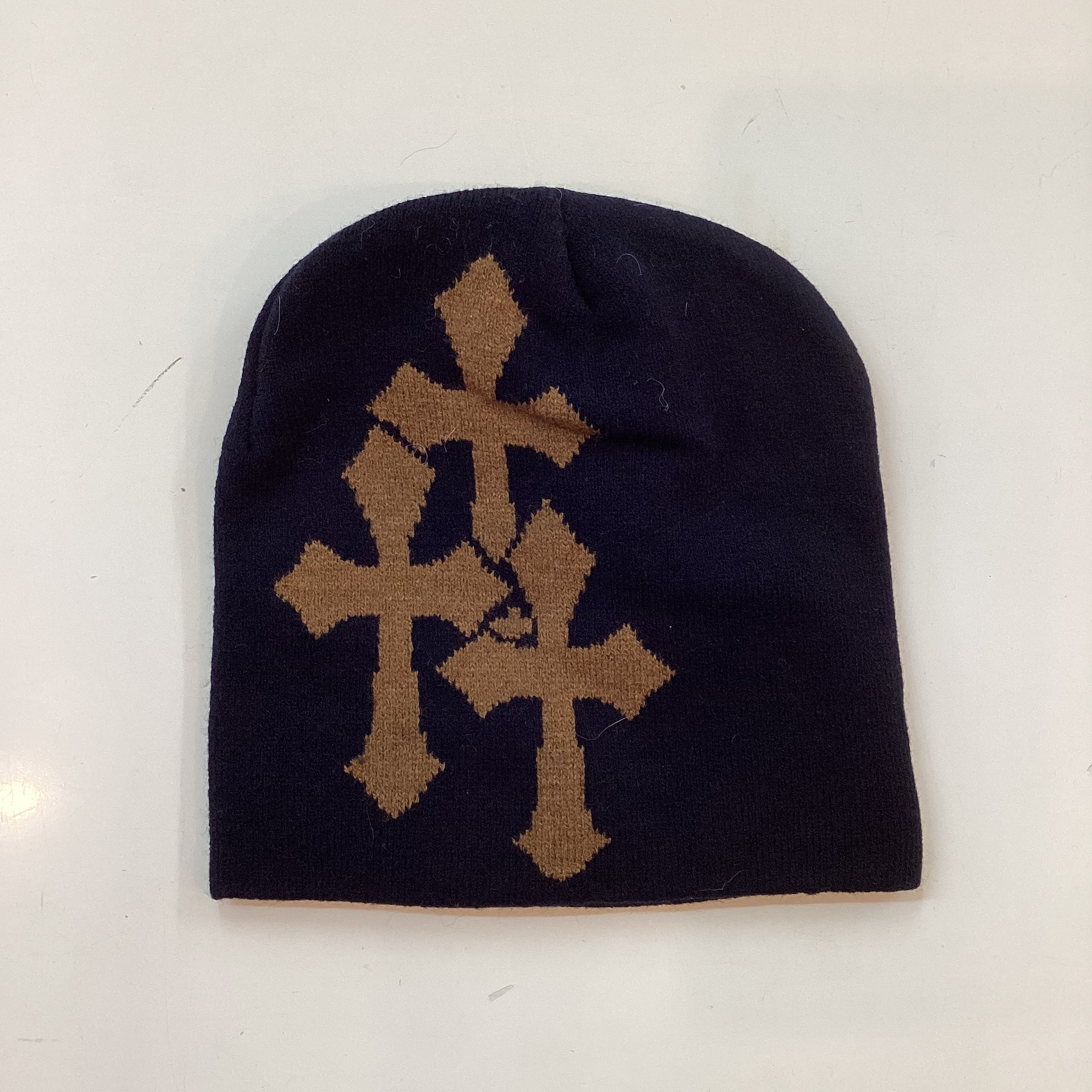 CROSS CRYSTALS BEANIE - BLACK & BROWN