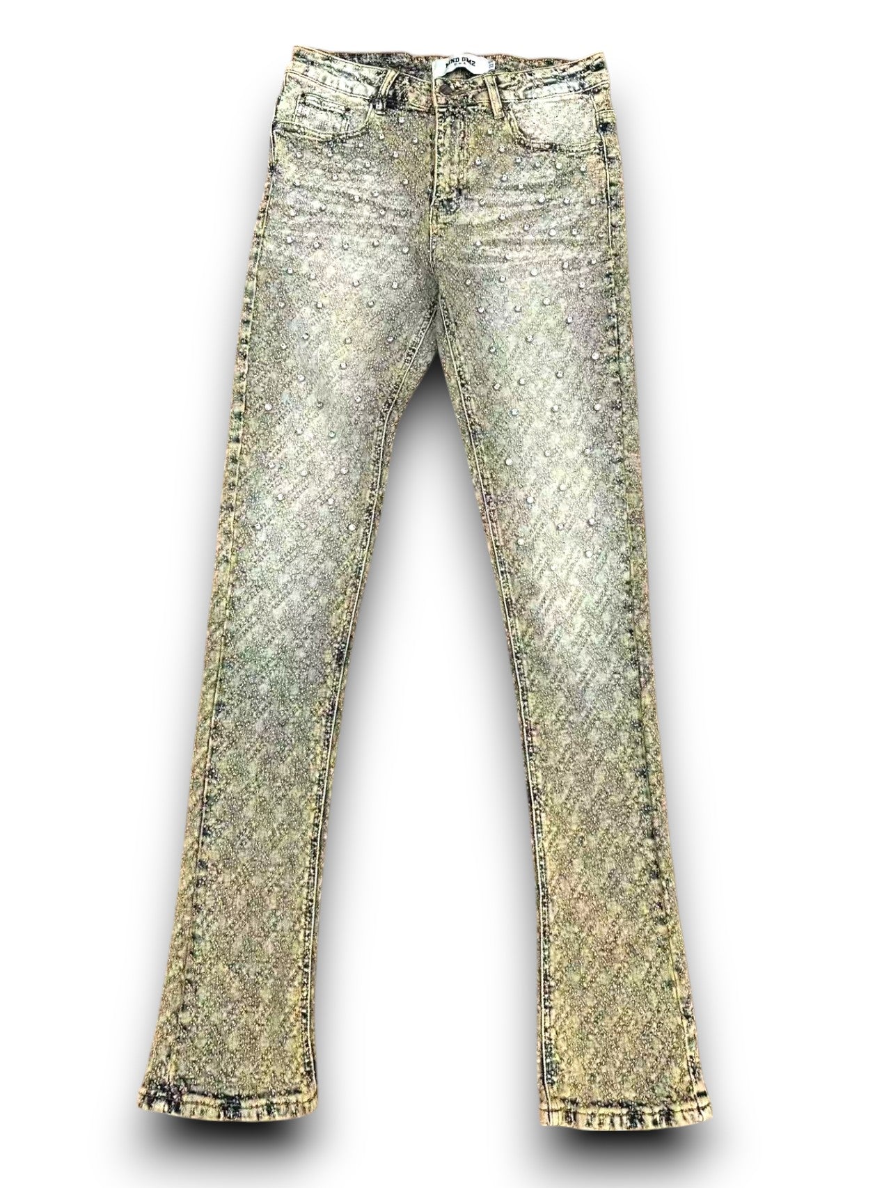Mind Games Blinged Out Stacked Jeans - Tan
