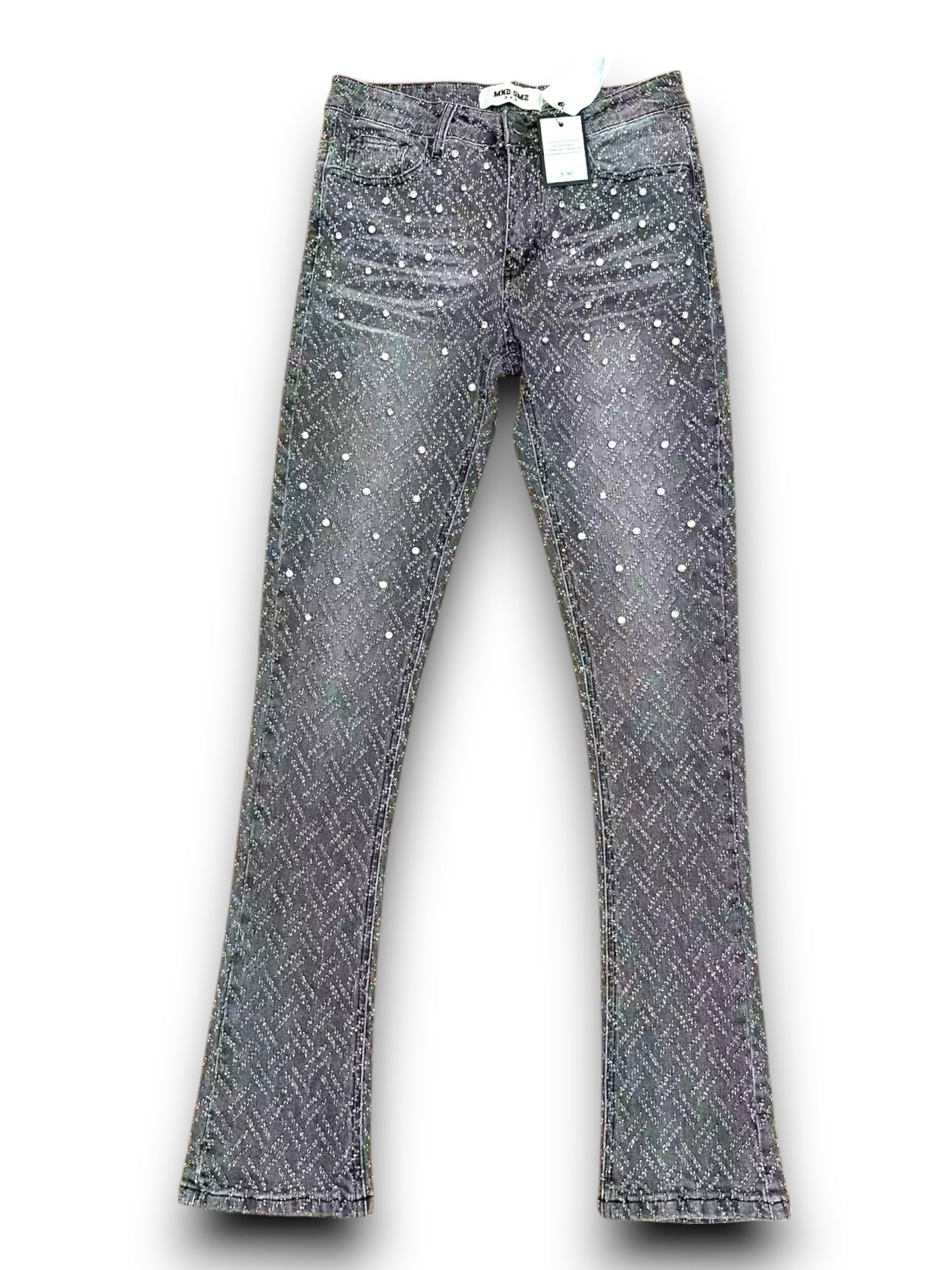 Mind Games Blinged Out Stacked Jeans - Grey