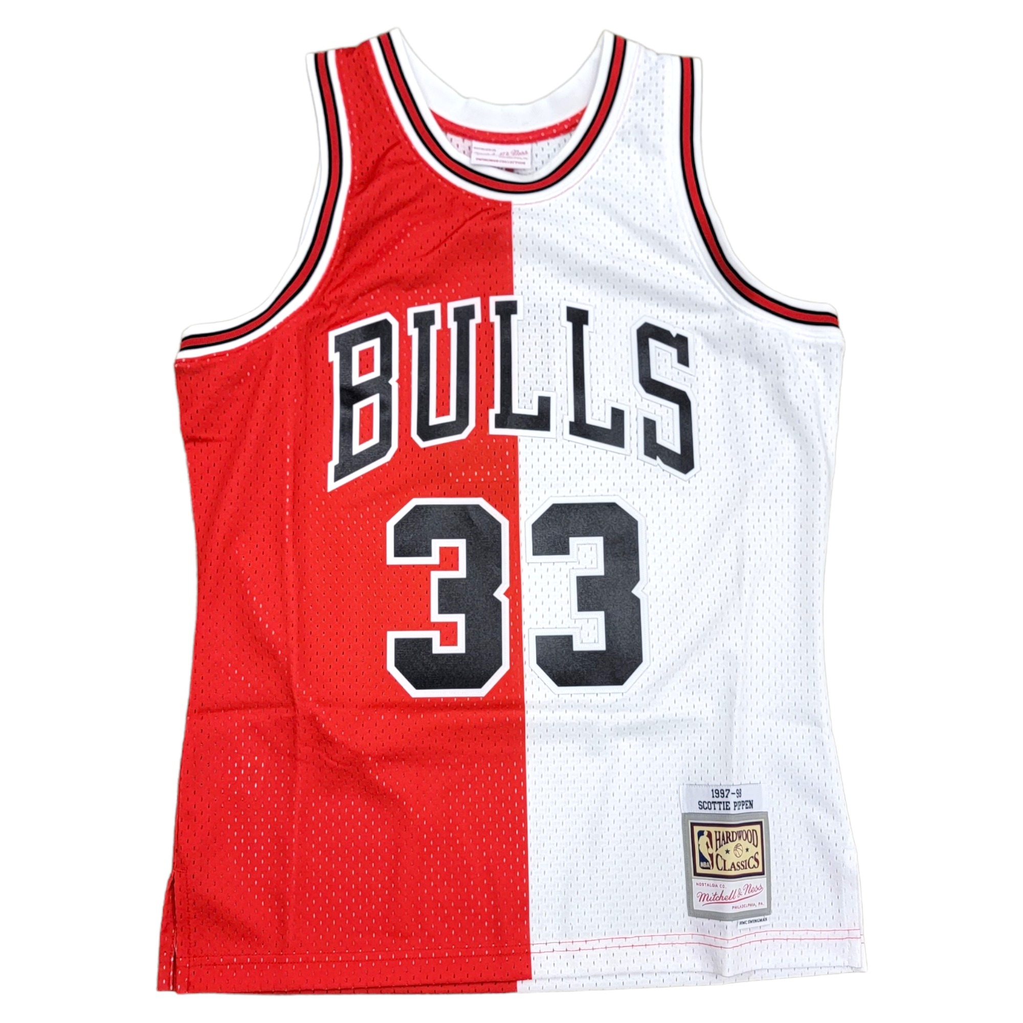 Men's Chicago Bulls Scottie Pippen Mitchell & Ness Red/White Hardwood Classics 1997-98 Split Swingman Jersey