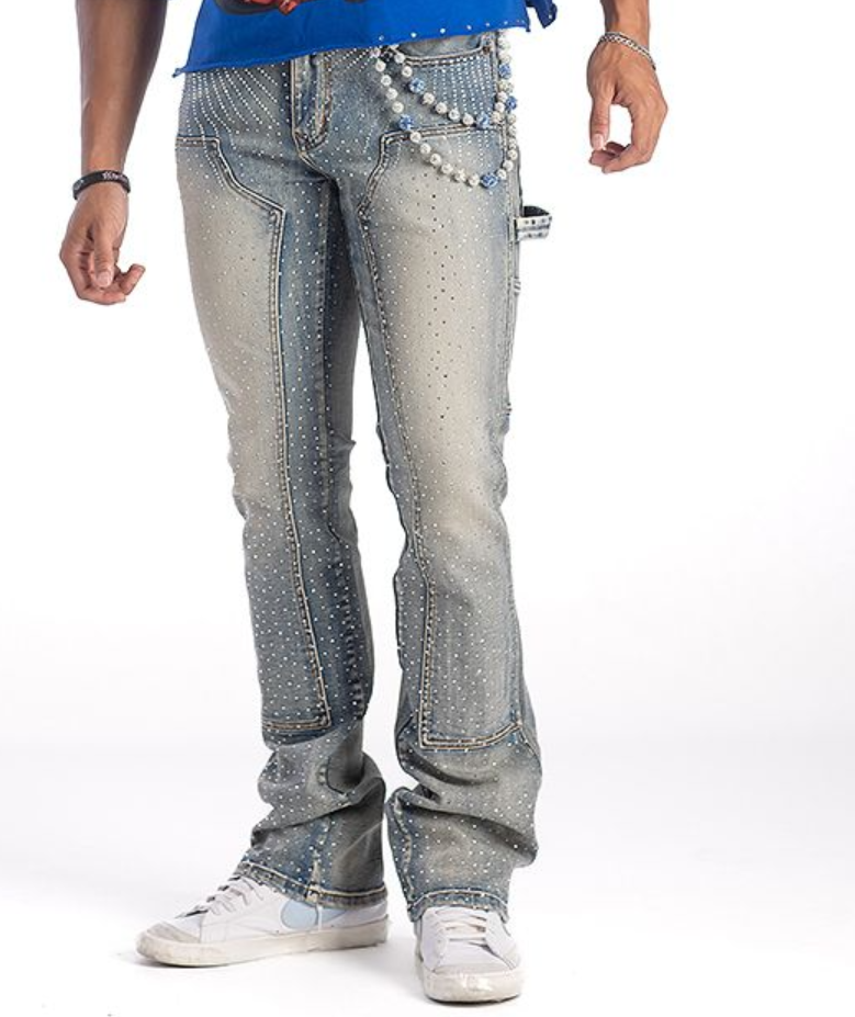 RHINESTONE STACK JEANS - BLUE