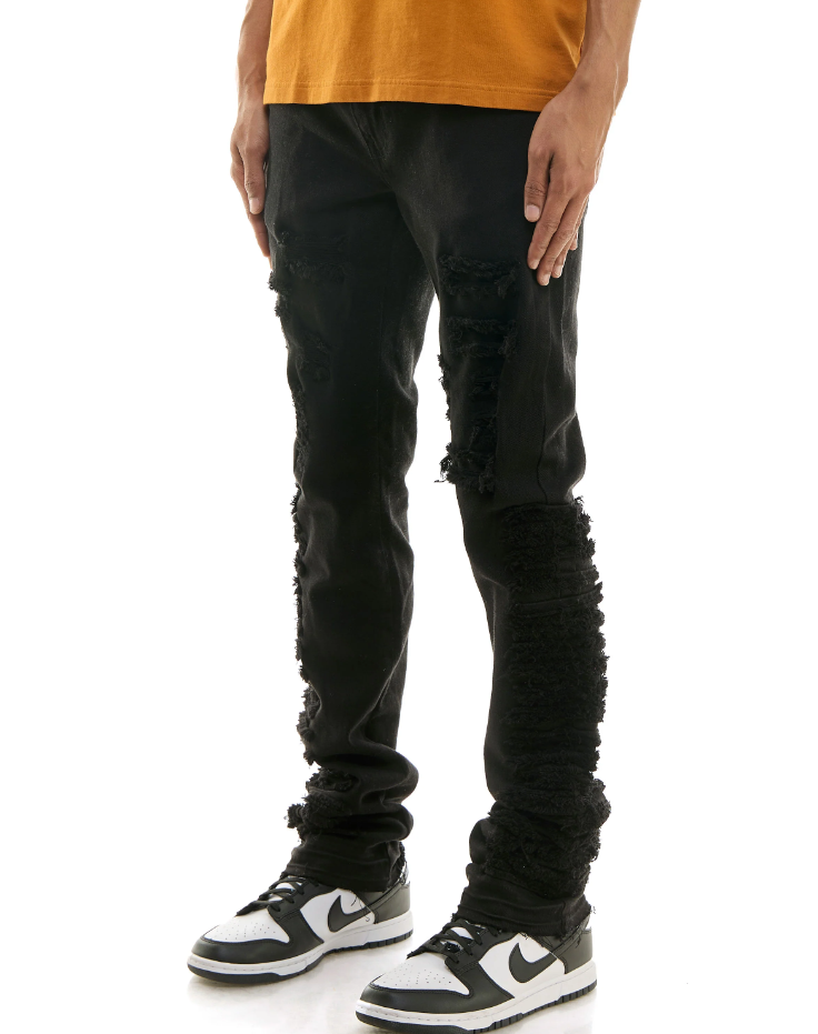 KNB3357 BLACK - DISTRESSED STACK PANTS