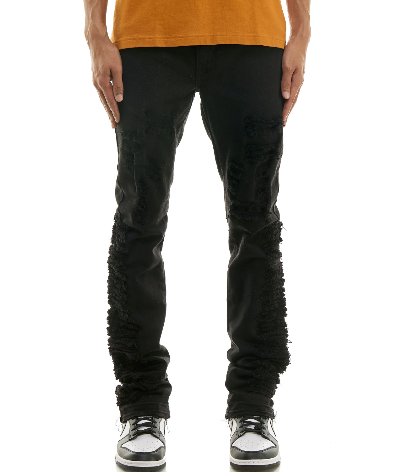 KNB3357 BLACK - DISTRESSED STACK PANTS