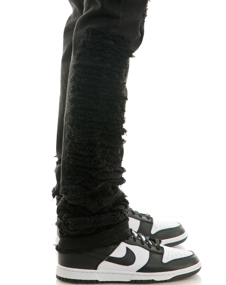 KNB3357 BLACK - DISTRESSED STACK PANTS